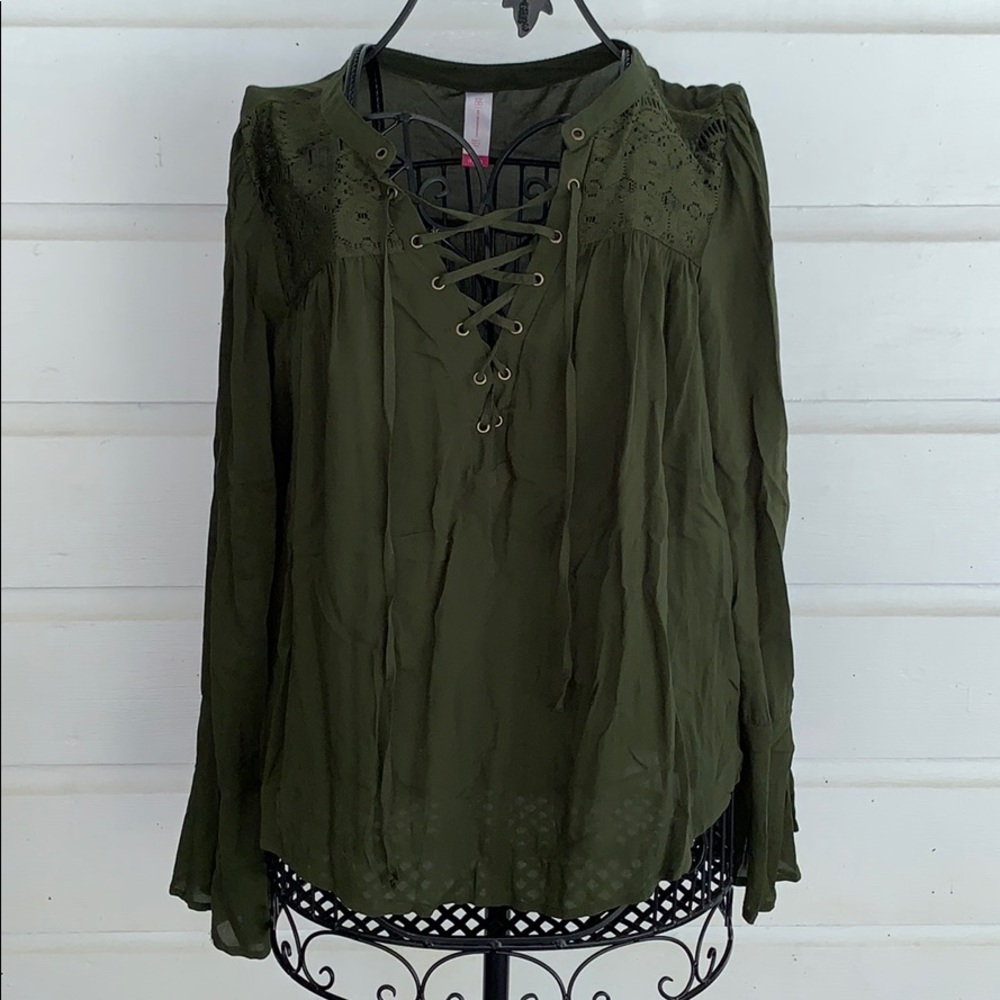 Green lace up blouse
